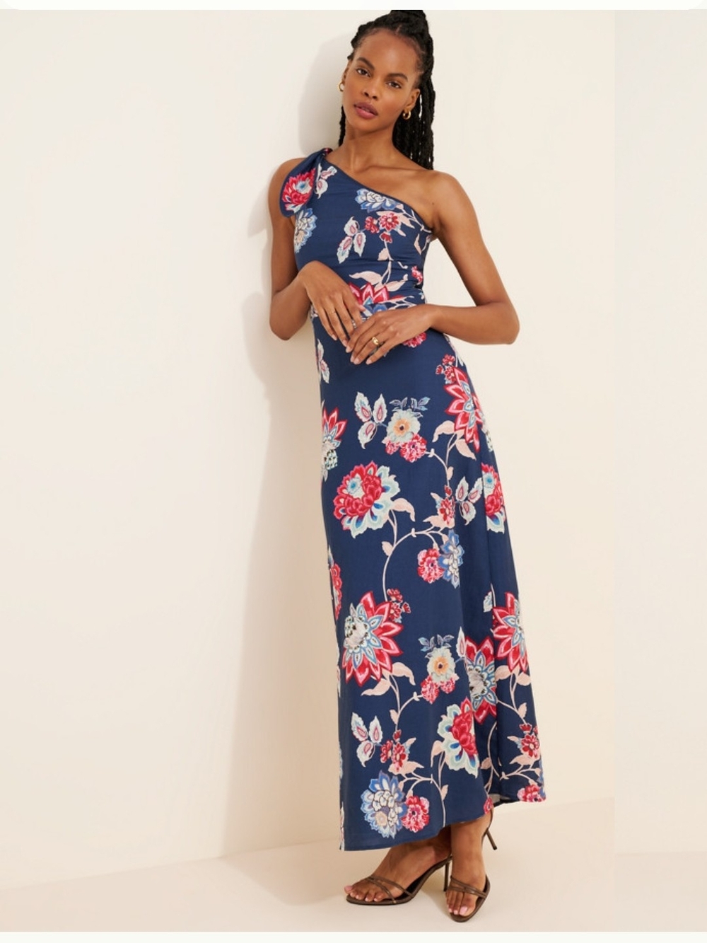 Kivari Navy One-Shoulder Floral Maxi Dress